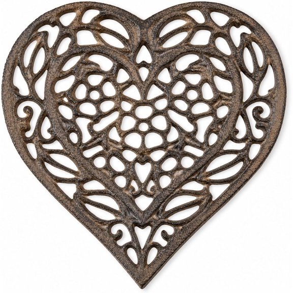 Comfify Cast Iron Heart Trivet | Decorative Cast Iron Trivet for Kitchen Countertop Or Dining Table | Vintage Design | 6.75X6.5 | with Rubber Pegs/Feet - Recycled Metal | Rust Brown Color