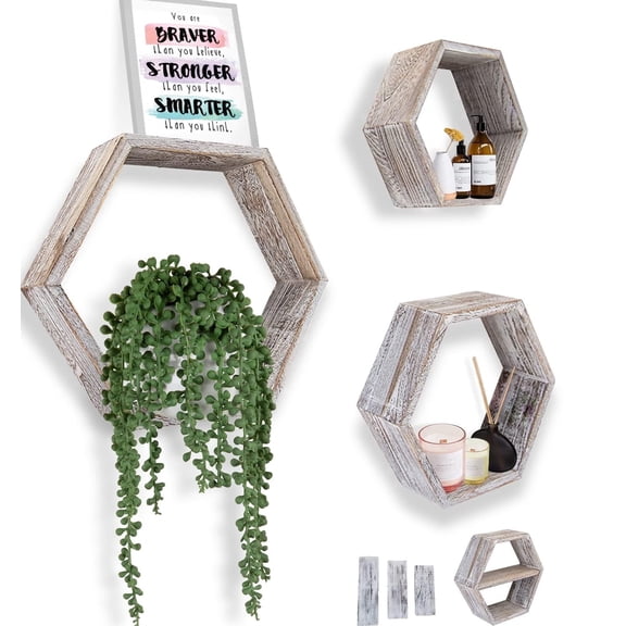 Comfify Rustic White Hexagonal Floating Wall Shelves Set of 3, Honeycomb Display Shelves, Paulownia Wood Farmhouse Wall Decor