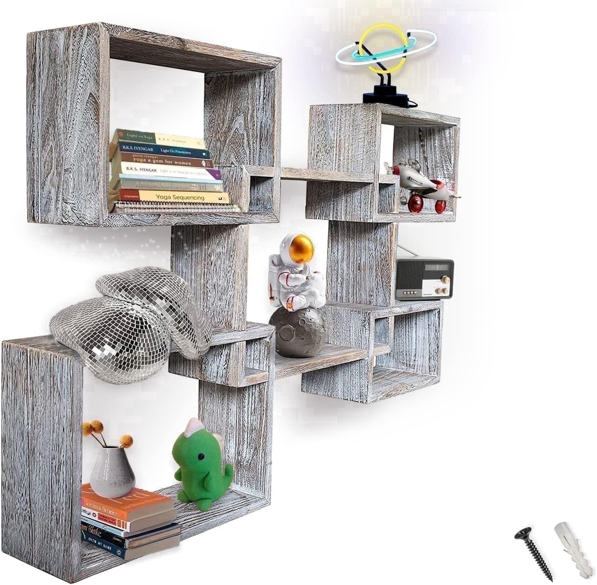 Comfify Paulownia Wood Floating Wall Shelves, Set of 5, Square ...
