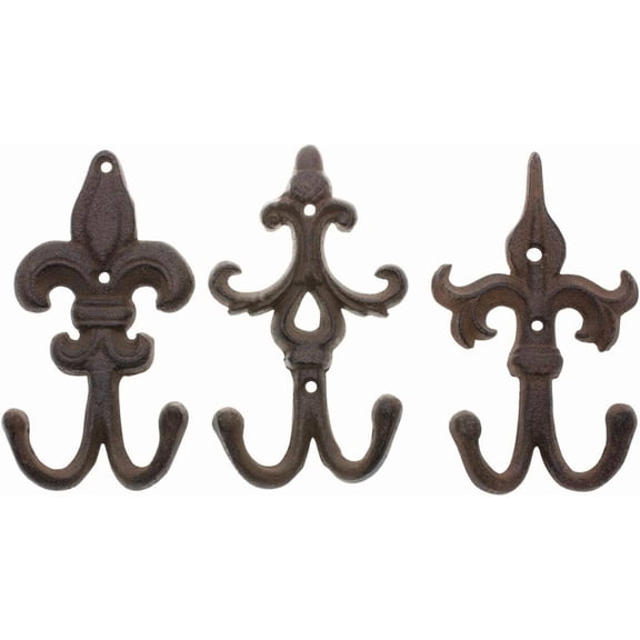 Comfify Set of 3 Fleur De Lis Double Wall Hooks Cast Iron Rustic Decorative Coat Hooks with Screws