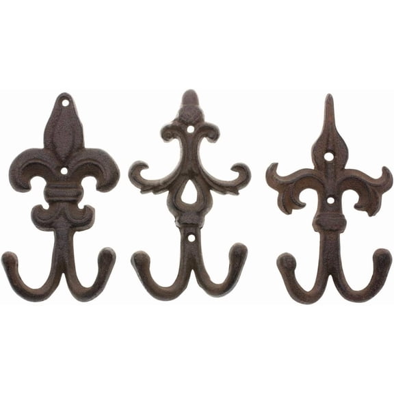 Comfify Cast Iron Fleur De Lis Wall Hooks, Brown, Set of 3