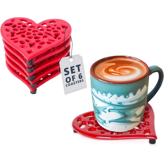 Comfify Cast Iron Heart Shaped Trivet Set, 6 Piece Set with Rubber feet, Heat Resistant Table Protector for Kitchen Countertop and Dining Table