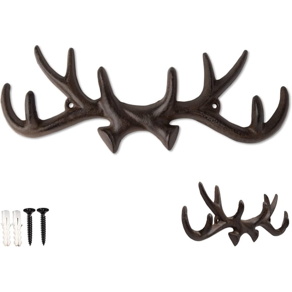 Comfify Vintage Cast Iron Deer Antlers Wall Mounted Hooks | Antique Finish Metal Clothes Hanger Rack w/Hooks for Coats, Jackets, Purses and More | Includes Screws and Anchors | Rust Brown