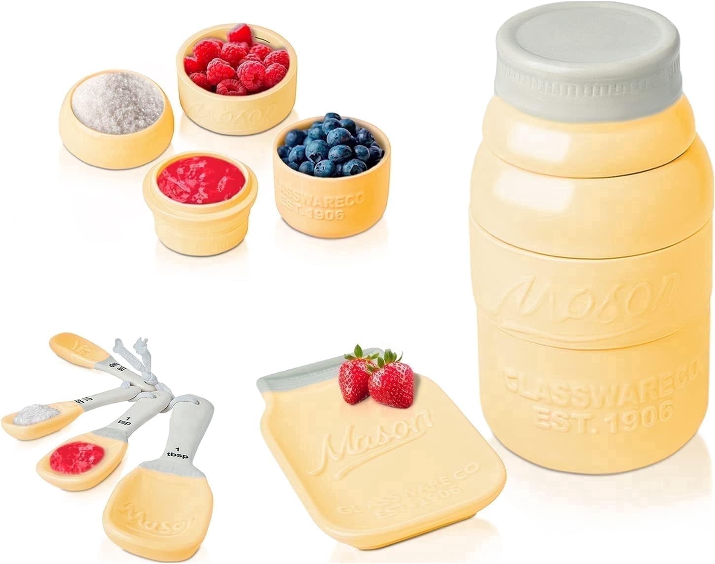 Comfify Mason Jar Ceramic Measuring Cups and Spoons Set with Spoon Rest ...