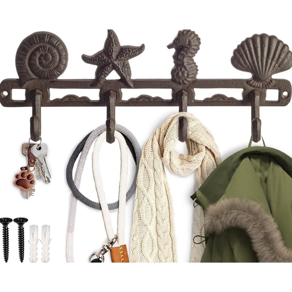 Comfify Cast Iron Wall Mounted Coat Hooks, Seashell Design, 4 Hooks, Rust Brown Finish