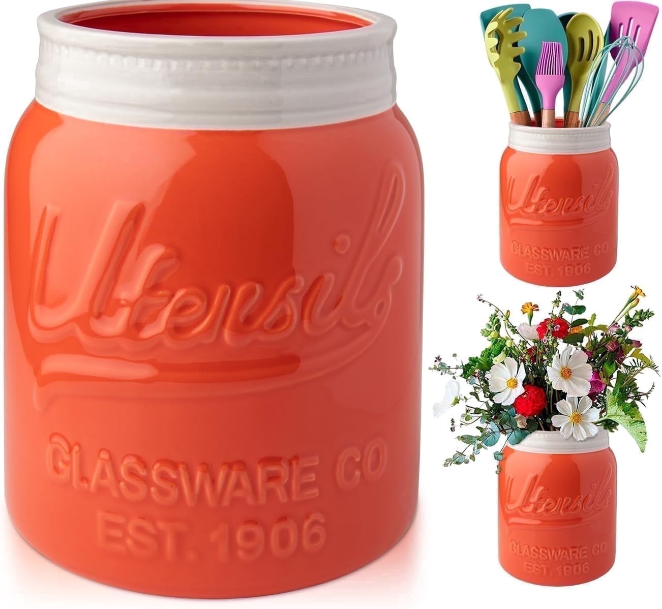 Comfify Ceramic Mason Jar Utensil Holder Countertop Crock, Coral