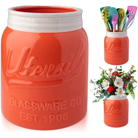 Comfify Ceramic Mason Jar Utensil Holder Countertop Crock, Coral