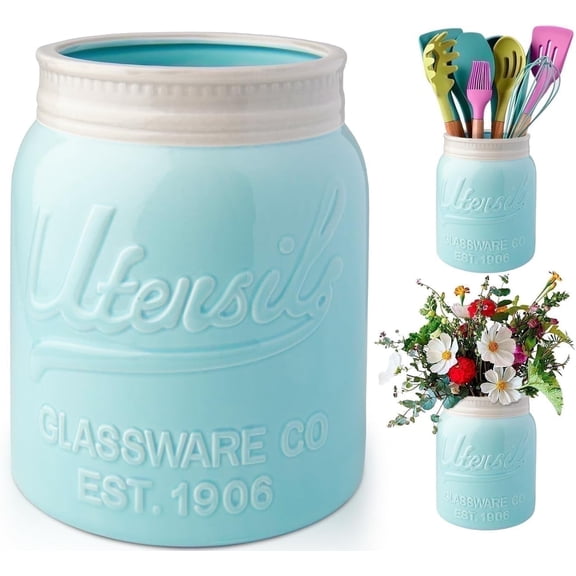 Comfify Ceramic Utensil Holder Mason Jar Style Countertop Organizer Aqua Blue