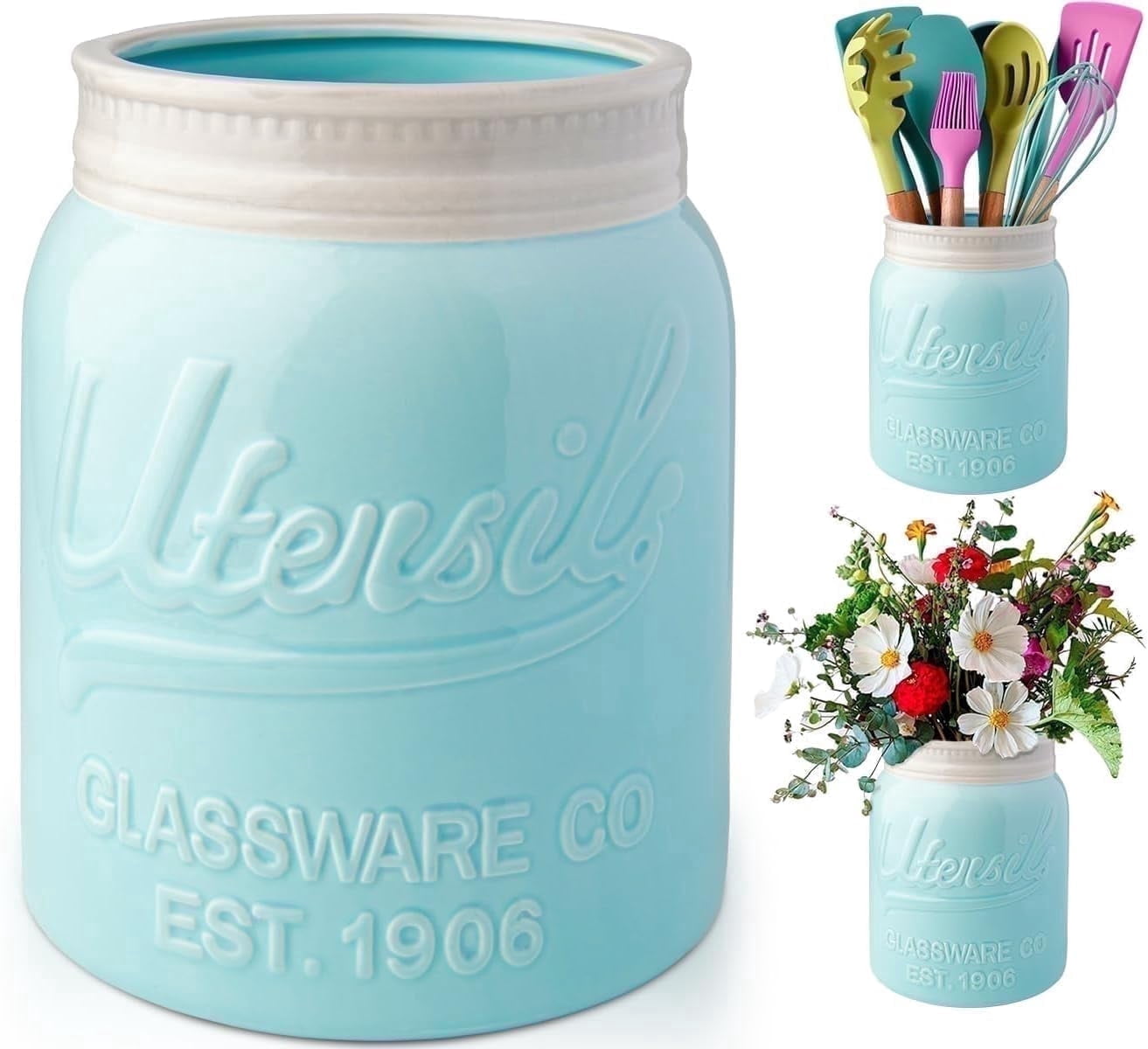 Comfify Ceramic Utensil Holder Mason Jar Style Countertop Organizer Aqua Blue