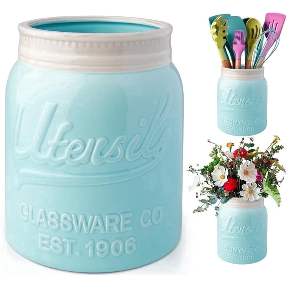 Comfify Blue Mason Jar Utensil Holder – Wide Mouth Ceramic – Farmhouse