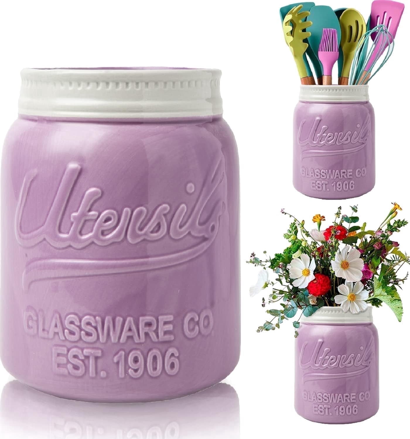 Comfify Ceramic Mason Jar Utensil Holder for Countertop Kitchen Use, Purple