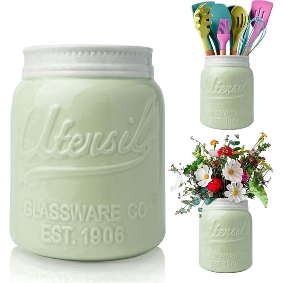 Comfify Ceramic Mason Jar Utensil Holder, Farmhouse Kitchen Countertop Organizer for Spoons, Spatulas & Cooking Tools, Decorative Green