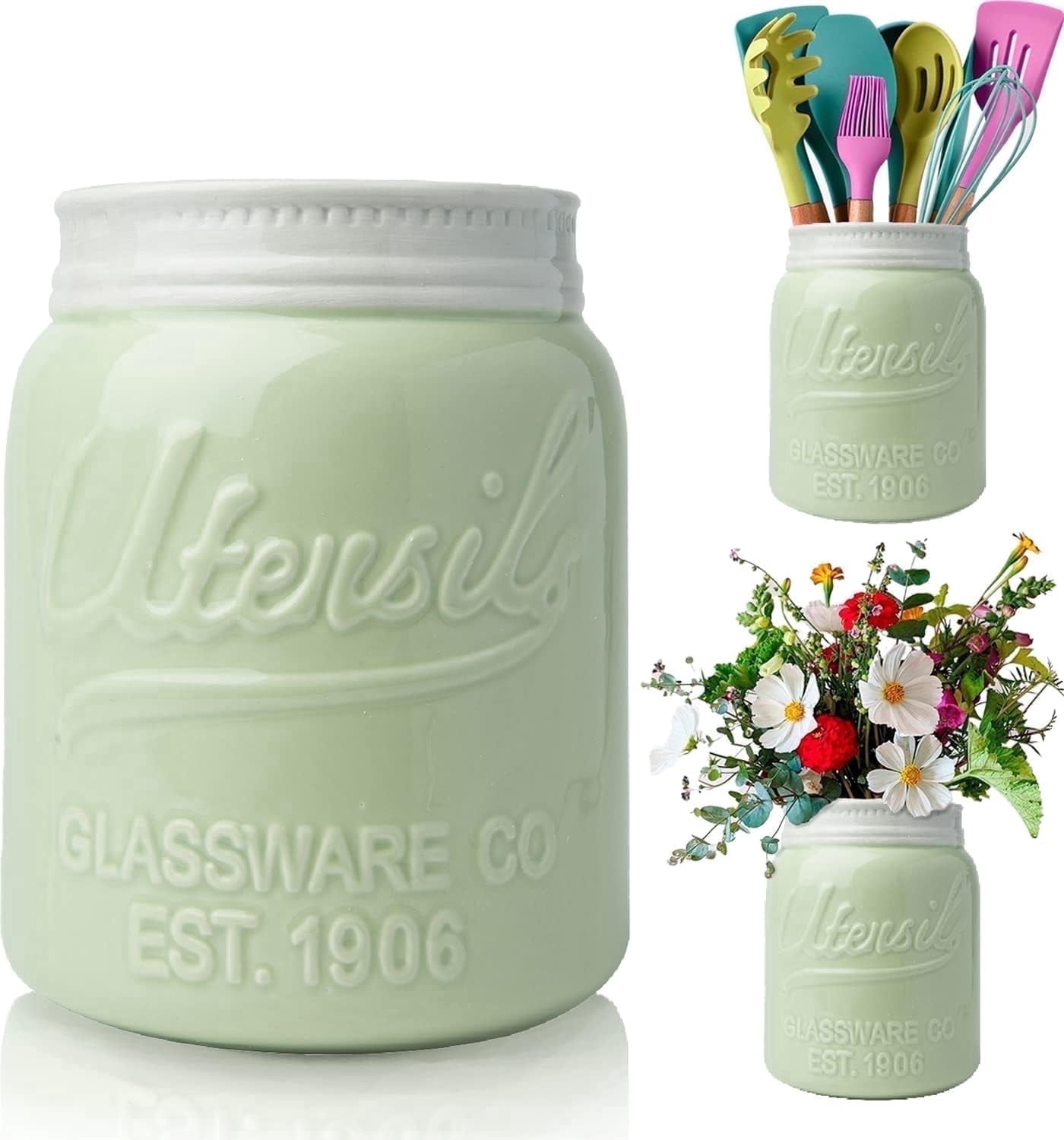 Comfify Ceramic Mason Jar Utensil Holder, Farmhouse Kitchen Countertop Organizer for Spoons, Spatulas & Cooking Tools, Decorative Green