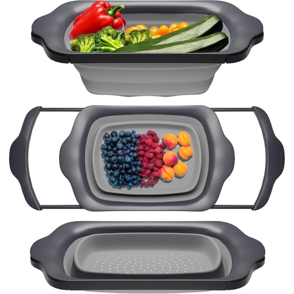 Comfify Over-the-Sink Silicone Kitchen Strainer, XL, 6-Quart Capacity, Extendable Handles, Gray