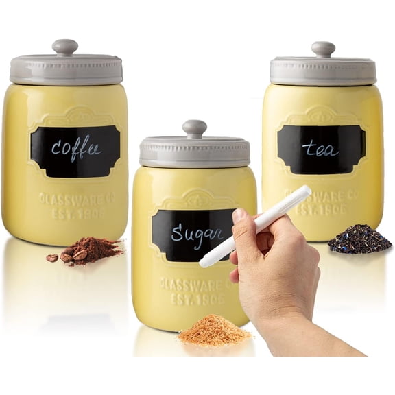 Comfify Ceramic Mason Jar Kitchen Canister Set, Yellow, Airtight Lids, Set of 3