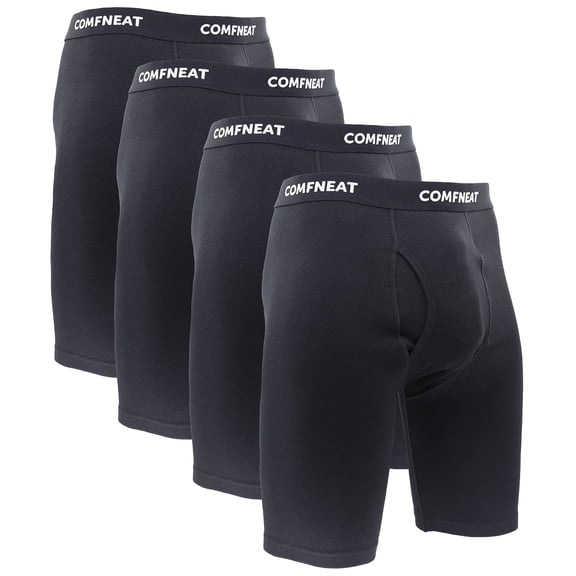 Comfneat Men's 9" Long Leg Cotton Boxer Briefs Stretchy Comfy Underwear 4-Pack (Black 4-Pack, L)