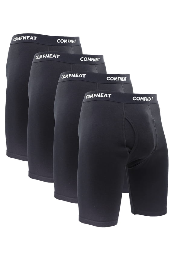 Men's 9" Long Leg Cotton Boxer Briefs Stretchy Comfy Underwear 4-Pack (Black 4-Pack, L)
