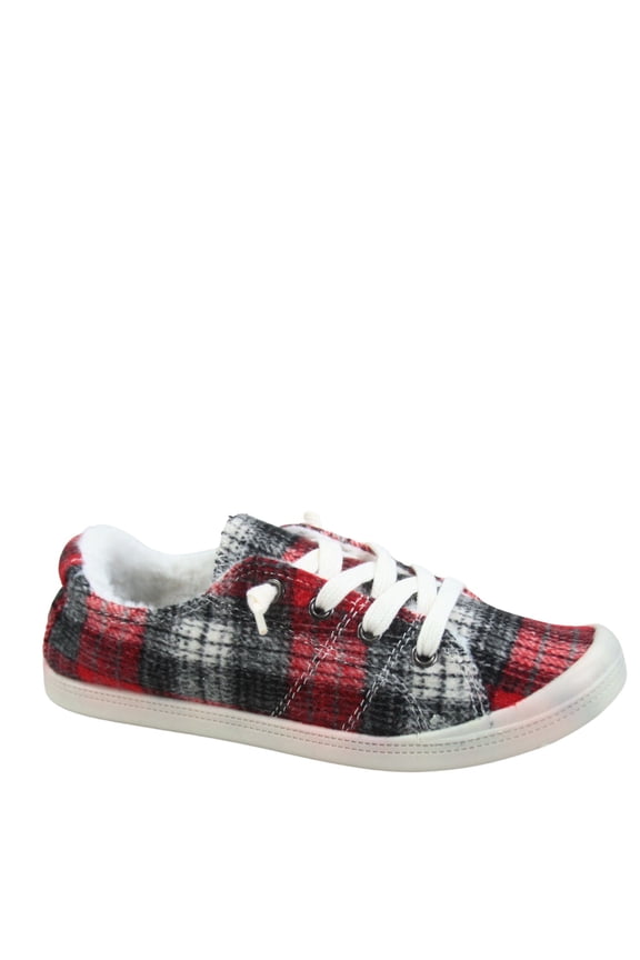 Comfort-11 Women's Causal Comfort Slip On Round Toe Flat Sneaker Shoes With Faux Fur ( Red Plaid, 6)