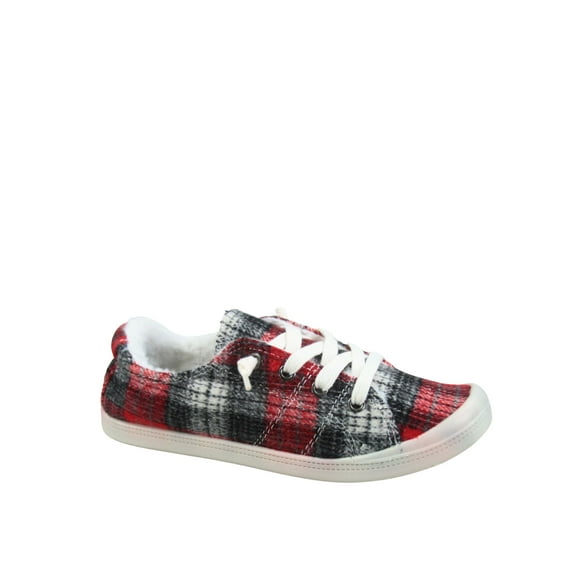 Comfort-11 Women's Causal Comfort Slip On Round Toe Flat Sneaker Shoes With Faux Fur ( Red Plaid, 9)