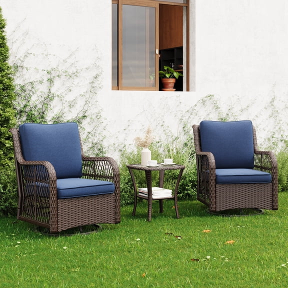 Comfort 3-Piece Outdoor Wicker Patio Glider Chair Set - 360° Swivel Rockers - 4" Thick Weather-Resistant Cushions - 2-Tier Glass Coffee Table - All-Weather Garden Furniture for Porch, Deck, Blue