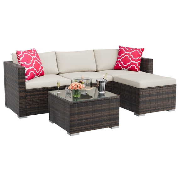 Comfort 5-Piece Outdoor Patio Furniture Set – All-Weather Brown Rattan Wicker Sectional Sofa with Ottoman, Glass Coffee Table, Waterproof Off-Gray tone Cushions – Garden, Balcony, Lawn, Backyard