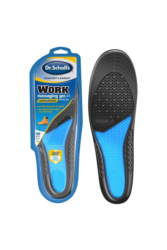 Work Massaging Gel Insoles, Men Sizes 8 To 14, Black/blue, Pair | Bundle of 5 Pairs