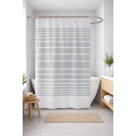 Comfort Bay 13-Piece Shower Liner Set Gray & Clear Horizontal Stripes with 12 Hooks, PEVA