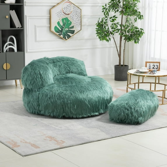 Comfort Bean Bag Chair with Ottoman,Modern Fluffy Beanbag Chair for Adults and Kids, Durable Lounger Lazy Sofa Chairs for Bedroom, Living Room,Mint Green