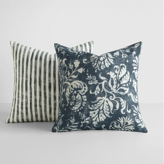 2-Pack Decor Throw Pillows in Yarn-Dyed Bengal Stripe / Distressed Floral Patterns by Comfort Canopy