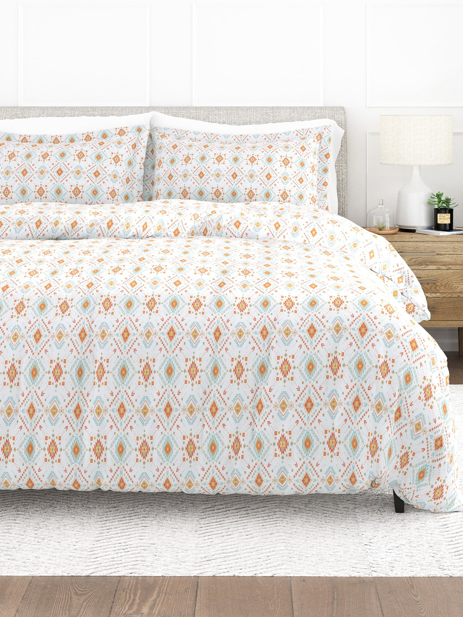 Coral Geometric Microfiber King Duvet Cover Set with Shams