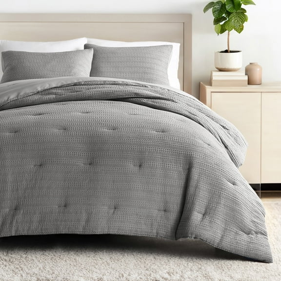 Textured Waffle Comforter Set in Fog Gray for Full/Queen Size Bedding by Comfort Canopy