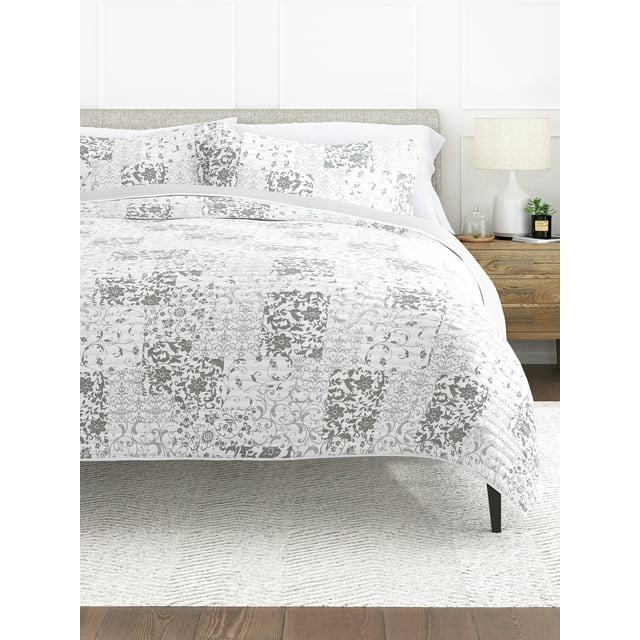 Comfort Canopy - 3 Piece Light Gray Reversible Patchwork Stitched Quilt Coverlet for King Size Beds
