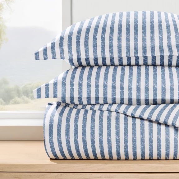 Duvet Cover Set - Ultra Soft & Breathable - Coastal Navy Rugged Striped for Queen Size Bedding by Comfort Canopy
