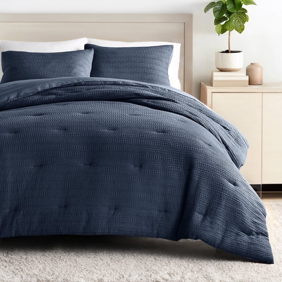 Textured Waffle Comforter Set in Navy Blue for Twin/Twin XL Size Bedding by Comfort Canopy