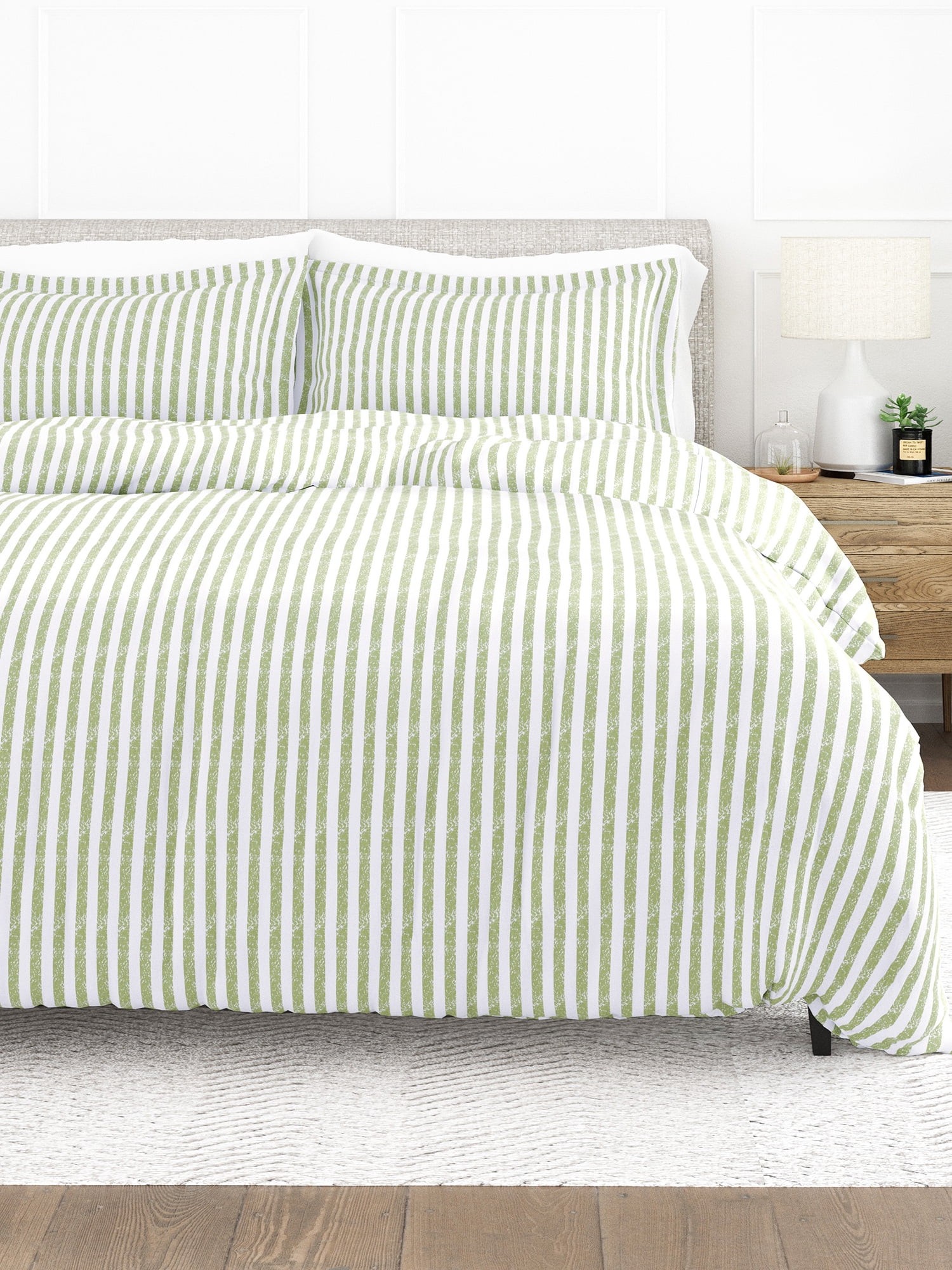 Sage Green Striped Microfiber King 3-Piece Duvet Cover Set