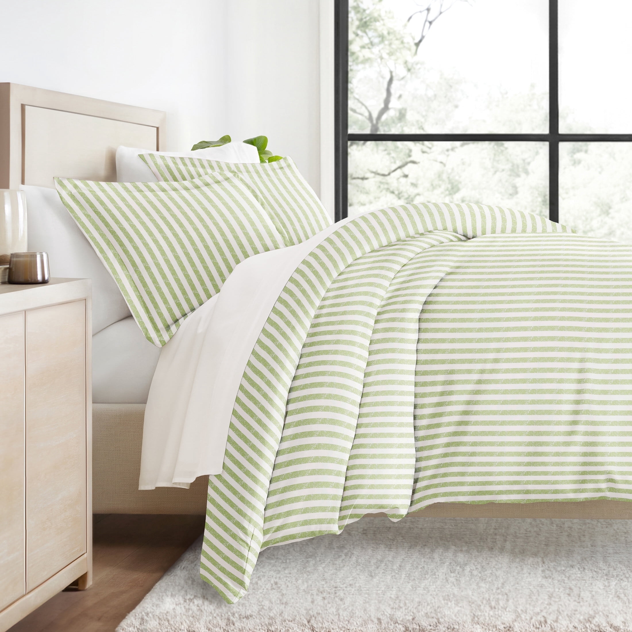 Duvet Cover Set - Ultra Soft & Breathable - Sage Rugged Striped for Queen Size Bedding by Comfort Canopy