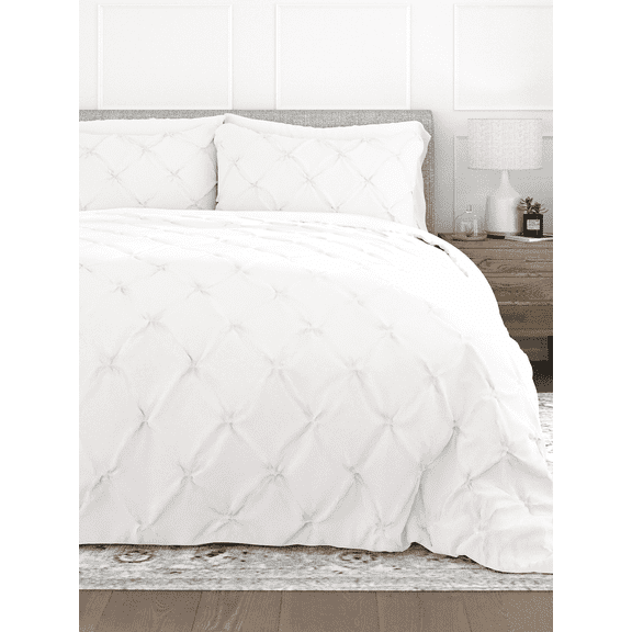 Comfort Canopy - 3 Piece White Pinch Pleated Duvet Cover Set with Shams for Queen Size Bedding