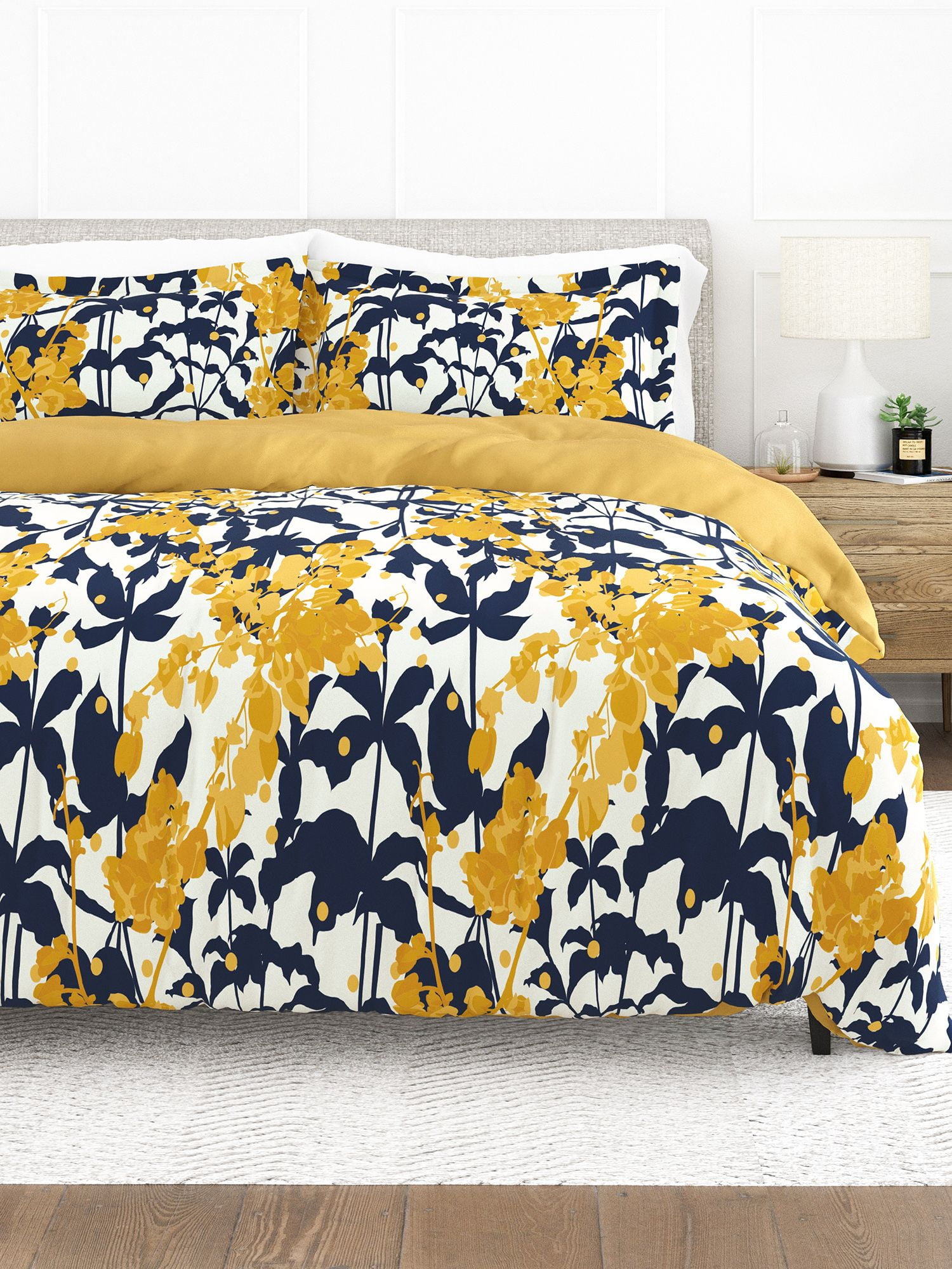 Yellow and Navy Boho Flower Reversible Full/Queen Duvet Cover Set
