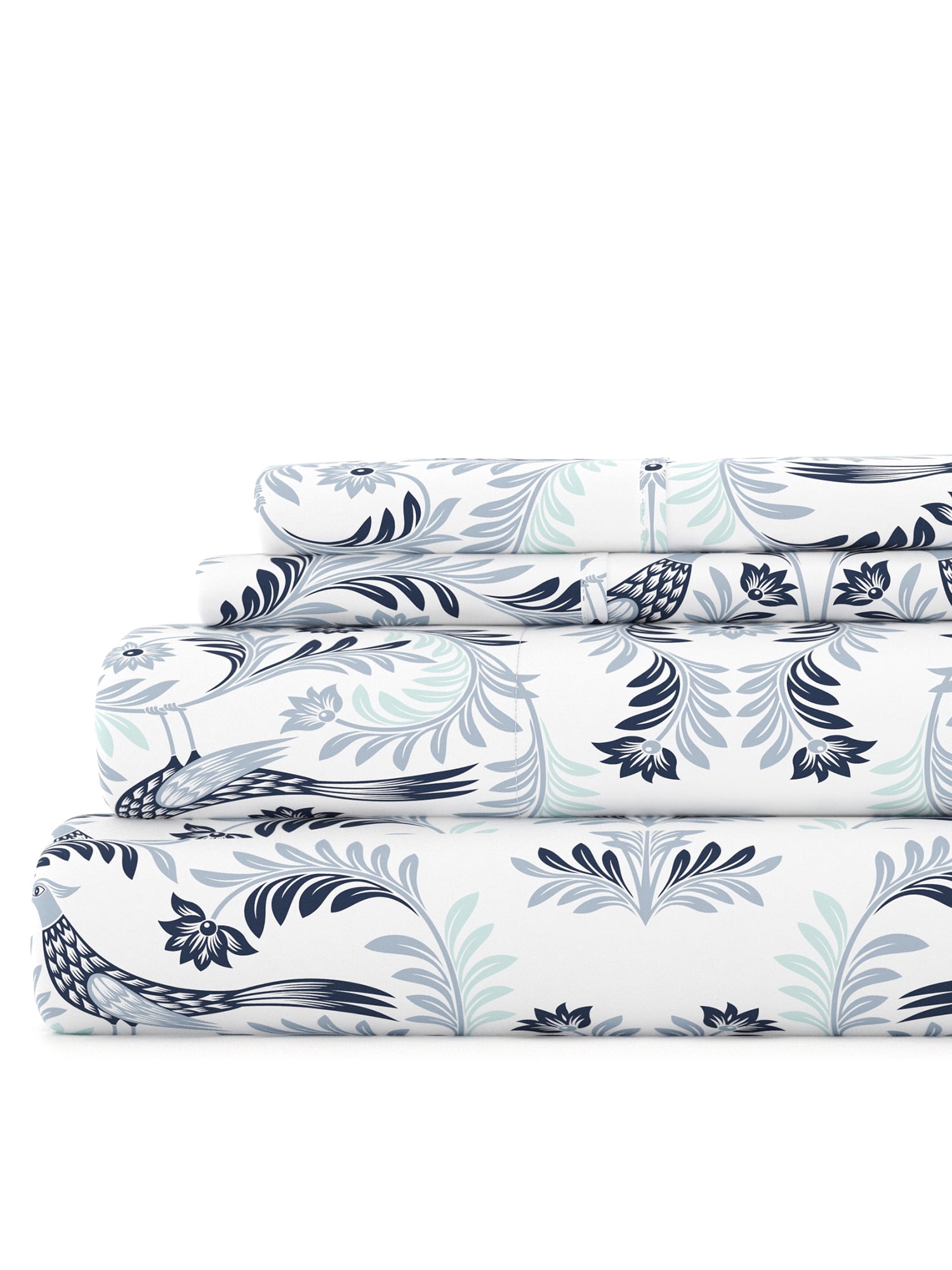 Full Gray and White Floral Microfiber Deep Pocket Sheet Set