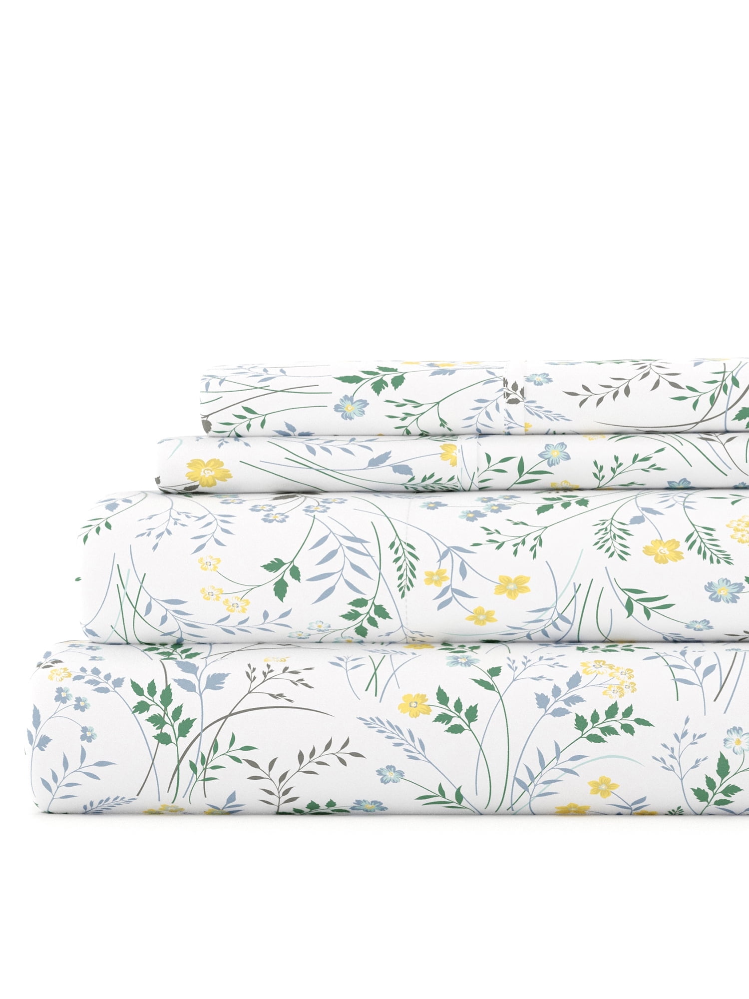 Light Blue Floral Microfiber Full Sheet Set with Deep Pockets