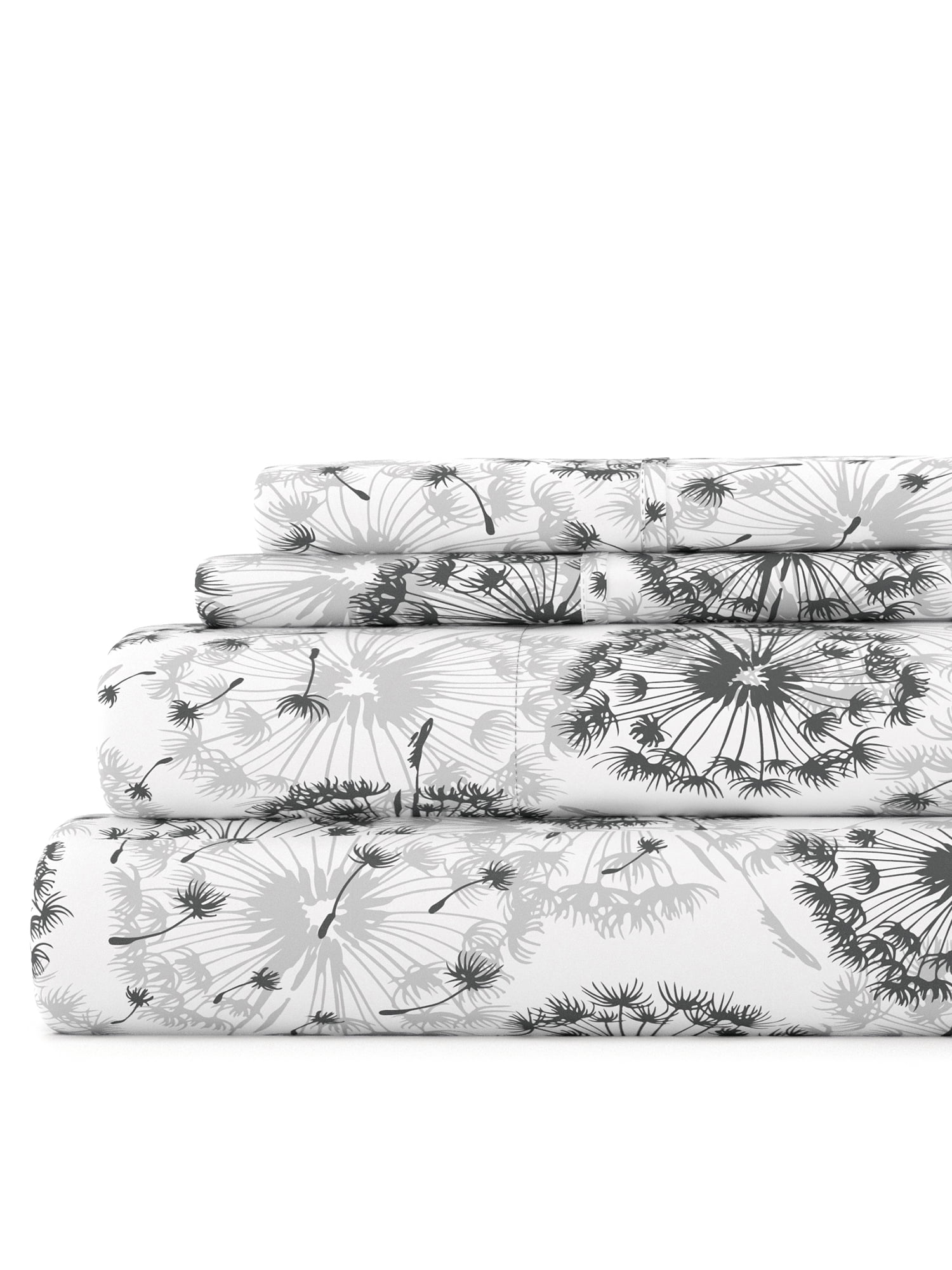 California King Light Gray Floral Print Microfiber Bed Sheet Set