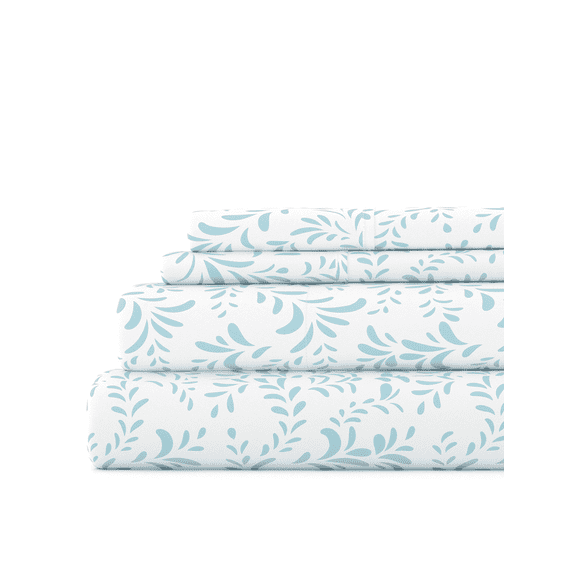 Ultra Soft & Breathable Wrinkle Free Bed Sheets Set - Light Blue Floral Vines Pattern for Queen Size Bedding by Comfort Canopy