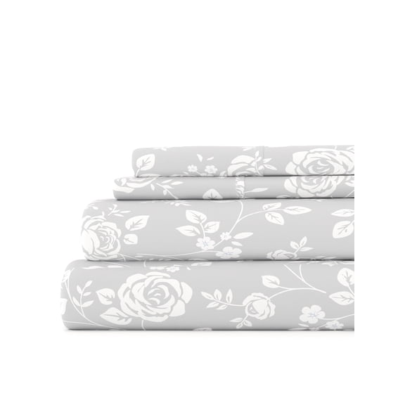 Ultra Soft & Breathable Wrinkle Free Bed Sheets Set - Light Gray Farmhouse Rose for Queen Size Bedding by Comfort Canopy