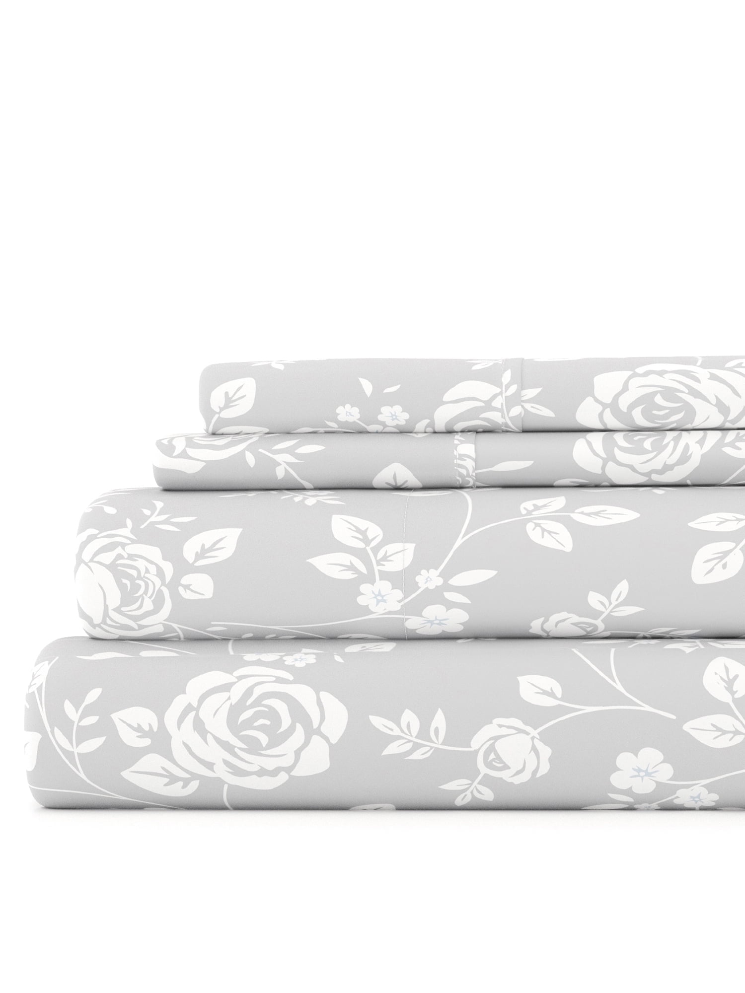 Gray Floral Print Microfiber Queen Sheet Set