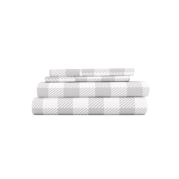 Comfort Canopy - 4 Piece Light Gray Microfiber Striped Country Plaid Bed Sheets for Full Size Bedding