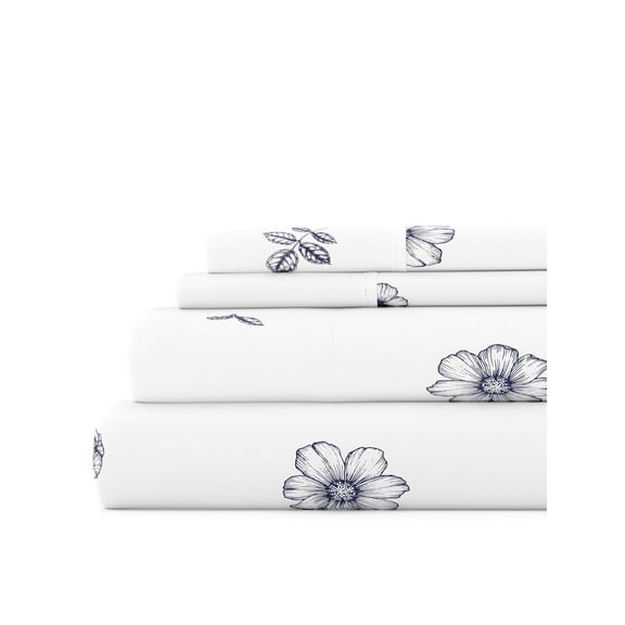 Ultra Soft & Breathable Wrinkle Free Bed Sheets Set - Navy Farmhouse Indigo Flower Print Microfiber for King Size Bedding by Comfort Canopy