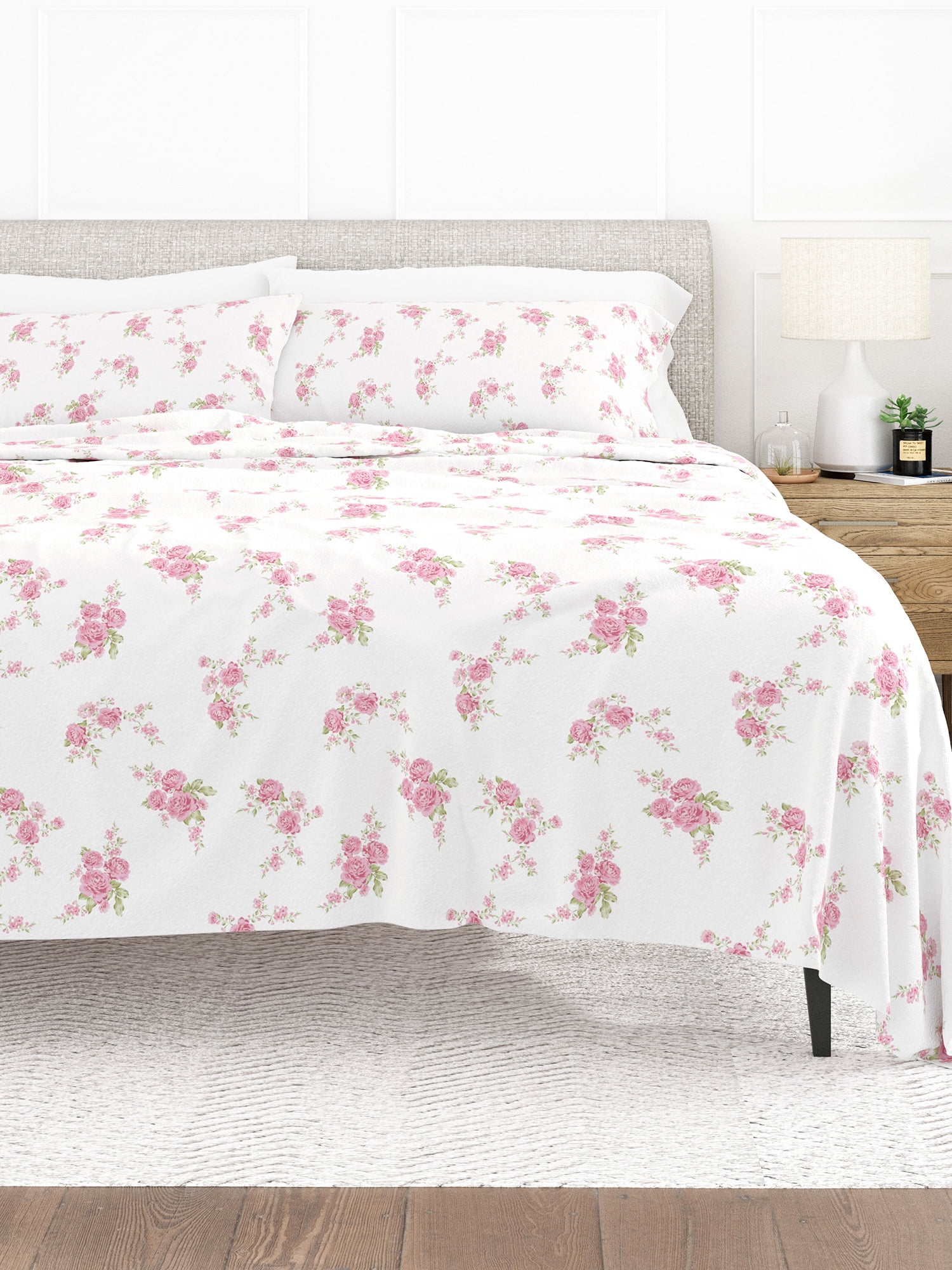 Comfort Canopy 4 Piece Pink Rose Bunch Cotton Flannel Bed Sheet for