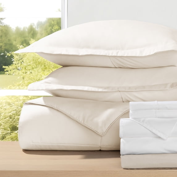 8-Piece Bedding Bundle with Comforter Set, Bed Sheets & Bed Skirt in Ivory Ultra Soft Microfiber for Full Size Beds