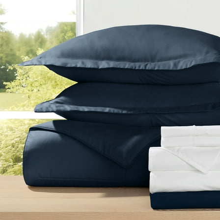 8-Piece Bedding Bundle with Comforter Set, Bed Sheets & Bed Skirt in Navy Ultra Soft Microfiber for King Size Beds