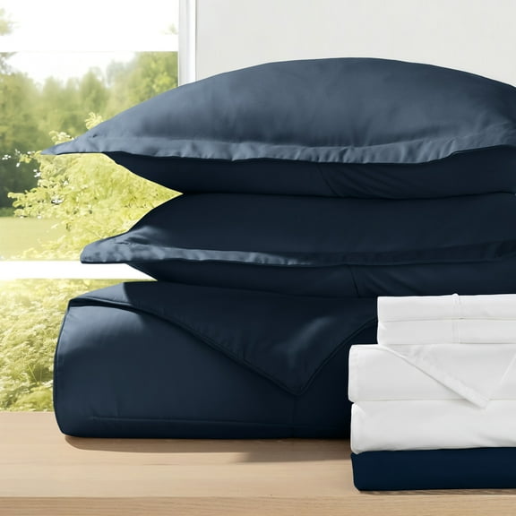 8-Piece Bedding Bundle with Comforter Set, Bed Sheets & Bed Skirt in Navy Ultra Soft Microfiber for King Size Beds